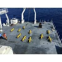 Naval Oceanographic Office personnel prepare to launch 10 littoral battlespace sensing gliders from USNS Maury in the Eastern Atlantic Ocean in support of NAVOCEANO's goal to deploy more than 50 gliders globally. These gliders are unmanned underwater vehicles used to collect data that is incorporated into ocean models, ultimately providing underwater forecasts for U.S. Navy operations. (Credit: Rebecca Shaw, Naval Oceanographic Office)