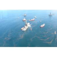 Oil near the Deepwater Horizon disaster spill source as seen during an aerial overflight on May 20, 2010. (Credit: NOAA)