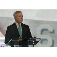 Secretary of the Navy (SECNAV) Ray Mabus delivers remarks during the christening ceremony for the future USS Jackson (LCS-6). During his speech, Mabus spoke about the littoral combat ship's capabilities as well as its namesake. (U.S. Navy photo by Mass Communication Specialist 1st Class Arif Patani/Released) 