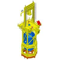 The new T120 drill on top of the Conductor (framework that lifts it above the waves) all in yellow, and also showing the down hole equipment in blue. It will be configured as shown here and attached to the orange steel frame which is fixed to the deck of the transport installation vessel (TIV).