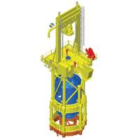 The new T120 drill on top of the Conductor (framework that lifts it above the waves) all in yellow, and also showing the down hole equipment in blue. It will be configured as shown here and attached to the orange steel frame which is fixed to the deck of the transport installation vessel (TIV).