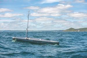 Autonomous Boat Monitors Ocean Noise: Plymouth University Marine Institute scientists are working with AutoNaut and its nearly silent 5m wave-propelled USV, which tows a Seiche Ltd passive acoustic monitoring array, on a project studying how increasing levels of manmade noise in the sea is affecting marine life. (Photo: AutoNaut)
