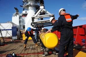 The Bluefin 21, Artemis autonomous underwater vehicle (AUV) is hoisted back aboard the Royal Australian Navy Australian Defense Vessel (ADV) Ocean Shield after successful buoyancy testing. Joint Task Force 658 is supporting Operation Southern Indian Ocean, searching for the missing Malaysia Airlines Boeing 777.  (U.S. Navy photo by Mass Communication Specialist 1st Class Peter D. Blair/Released)