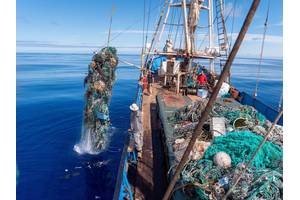 Fishing nets and debris being removed from the North Pacific Gyre by the crew of S/V KWAI. © Ocean Voyages Institute