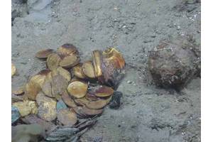 Gold coins and a gold box lie in situ on the site of another shipwreck (Black Swan) site salvaged by Odyssey Marine Exploration (Photo courtesy of Odyssey Marine Exploration)