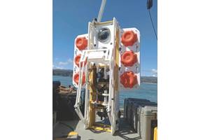 A hadal-class ocean lander, designed and built by the Universidad de Concepción (UdeC), Centro de Instrumentación Oceanográfica, is seen during buoyancy testing on the RV Kay-Kay in Dichato Bay, 38 kilometers north of the city of Concepción, in central Chile. The proximity and challenge of the Atacama Trench relentlessly draw UdeC engineers and scientists. Their ocean lander can downcast as a CTD-O in descent, remain in situ for extended periods on the trench floor, then upcast as a CTD-O/Rosett