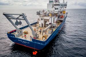 On November 4, 2020, the R/V Roger Revelle is pictured out at sea for a ten-day commissioning and calibration cruise following its midlife refit. Engineers and techs were tasked with testing, calibrating, and commissioning the updated instrumentation and systems.  Bruce Appelgate, Associate Director of Scripps Institution of Oceanography, was the PI and chief scientist aboard.
Copyright Andrew Jorgensen / 2025 Scripps Institution of Oceanography / UC San Diego