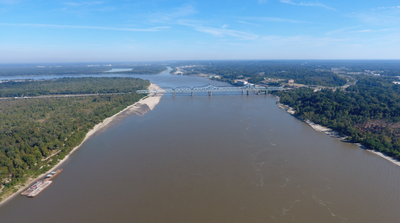 An aerial drone photo of the Mississippi River near Vicksburg, MS, looking Northeast at the I-20 bridge, the confluence of the Yazoo River is in the foreground. This picture was taken by a drone flown by Jim Alvis and Mike Manning of the USGS in the fall of 2016. (Jim Alvis and Mike Manning/USGS)