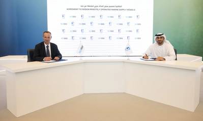 The agreement was signed by Captain Abdulkareem Al Masabi, CEO of ADNOC L&S and Xavier Génin, CEO of SeaOwl at the UAE Climate Tech Forum organized by the Ministry of Industry and Advanced Technology. ©ADNOC