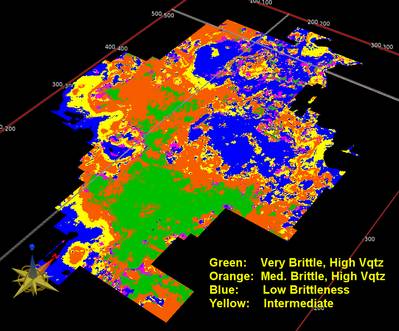 Bayesian facies analysis of a Barnett Shale data set. Green represents litho-facies with the highest quartz content and the greatest brittleness. (Image courtesy of CGG GeoSoftware)