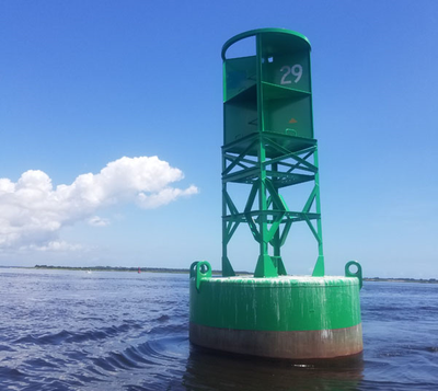 A Coast Guard ATON (Aids to Navigation) buoy in Kings Bay, Ga., that will house one of the new PORTS current meters. (Photo: NOAA)