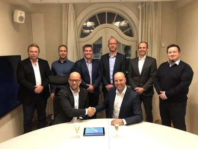 The contract was signed at AkerBPs offices. Back, from the left: Inge Sundet, Aker BP; Hans Andreas Øygarden, Aker BP; Tor-Øystein Carlsen, Optime; Trond Løkka, Optime; Thor Øystein Finborud Tovsrud, Optime; Tor Otto Lidal, Aker BP. Front, from the left: Mads Rødsjø, Aker BP; and Jan-Fredrik Carlsen, Optime. (Photo: Optime Subsea)