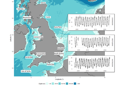 The red dots mark locations of Cefas maintained buoys, with graphs showing sea temperatures from three sites in the southern North sea and eastern English Channel. (Image: Cefas)