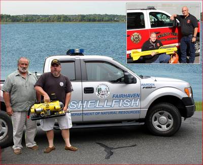 Fairhaven's harbormaster and shellfish warden with ROV, Inset - Downe Twp with side scan sonar