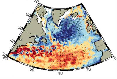 Figure caption text: Sea surface temperature pattern associated with the ocean contribution to unusual mixed layer heat variations (red warm, blue cold). Source: the NEMO ocean model component of the high-resolution climate simulation used for part of the study.