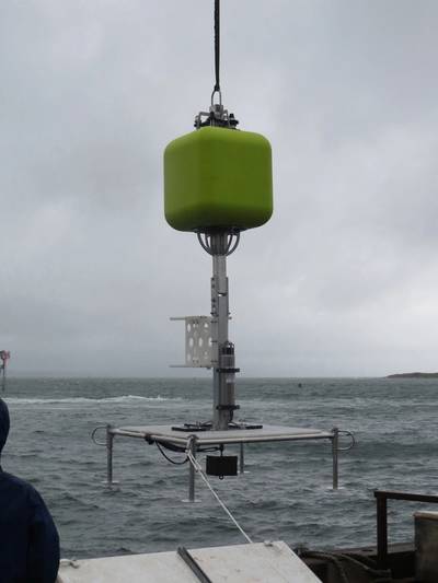 Figure 1.  Schmidt Ocean Institute benthic lander is deployed from R/V Falkor for an operational test.  Syntactic flotation high, integrated acoustic release low, and the expendable anchor weight suspended below the platform deck.  The negative weight of the release is placed close to centerline for trim, and positioned low to act as a counterweight for stability.  No instruments are mounted on the white marine grade HDPE frame. The anchor weight is rigged for recovery after the test.  (Photo by