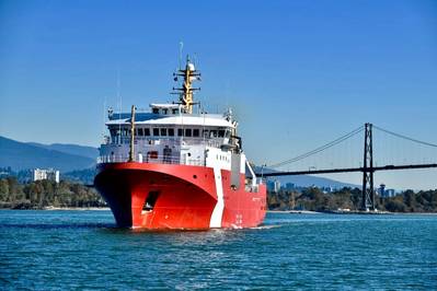 The future Capt. Jacques Cartier, the second of three Offshore Fisheries Science Vessels (OFSV) to be designed and built by Seaspan at its Vancouver Shipyards (VSY), began sea trials on October 10, 2019. Photo: Seaspan Shipyard.