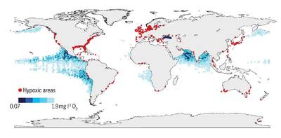 Global map of low oxygen or hypoxic zone which have become more prevalent and dangerous to marine life.  Figure courtesy of Breitburg, D., Levin, L.A., Oschlies, A., Grégoire, M., Chavez, F.P., Conley, D.J., Garçon, V., Gilbert, D., Gutiérrez, D., Isensee, K. and Jacinto, G.S., 2018. Declining oxygen in the global ocean and coastal waters. Science, 359(6371), p.eaam7240.