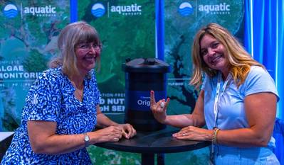 Image Caption: (L-R) Sonardyne Inc Sales Manager, Kim Swords and Aquatic Sensors Sales and Marketing Director, Andrea Zappe celebrate the news of the appointment at OCEANS 2023 in Biloxi. - Credit: Sonardyne