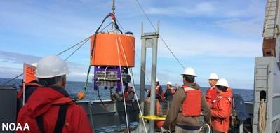 A joint deployment of an environmental sensor processor off the Washington coast by NOAA and the Northwest Association of Networked Ocean Observing Systems, one of the certified IOOS regional associations. (Photo: Stephanie Moore/NOAA)