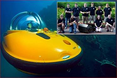 Main photo - One of U-Boat Worx personal submarines, Inset photo – NCSU Robotics club with their Seawolf AUV and club president Matt Wiggins center holding JW Fishers pinger (Photo Credit: David Pearlman)