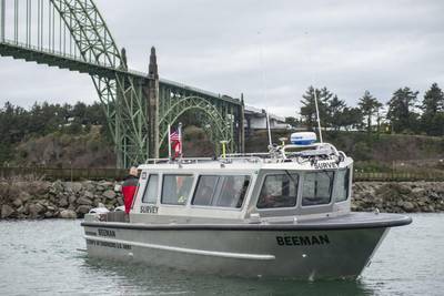 The newest addition to the hydrographic survey vessel fleet owned and operated by the U.S. Army Corps of Engineers’ Portland District takes its first ride after its official christening ceremony in Newport, Oregon, Jan. 11. (Photo: Chris Gaylord / U.S. Army Corps of Engineers)