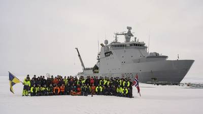 Norwegian Coast Guard vessel KV Svalbard and its crew at the North Pole: the ship is the first ABB Azipod powered craft to reach the Pole. (Photo: ABB)