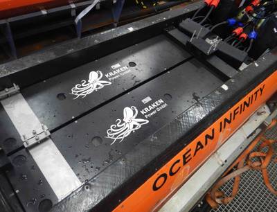 Ocean Infinity’s Kongsberg Hugin AUVs powered by four, 20 kWh Kraken batteries for a total of 80 kWh per vehicle. (Photo: Kraken Robotics)
