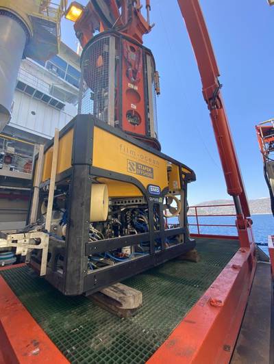 Photo – Film-Ocean's Quasar 150HP Workclass ROV in operation off the coast of Greece supporting an electrical interconnection cable installation project