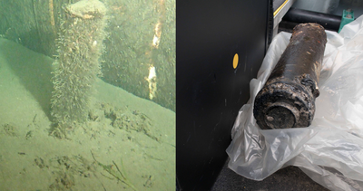 Photos of the object near the Nord Stream 2 pipeline – on the seabed and after the retrieval. Credit: Danish Ministry of Defence