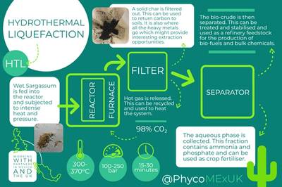 The process of hydrothermal liquefaction, a method of converting seaweed into useful products including fertilisers, biofuels, and stock chemicals. © Amy Pilsbury, PhycoMExUK