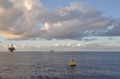 RDSEA with Woods Hole Group and LUMCON (R/V PELICAN), at BP's Mad Dog Platform with peripheral Met-Ocean buoy and ADCP mooring real-time monitoring system, northern Gulf of Mexico. Photo courtesy Rick Cole, RDSEA