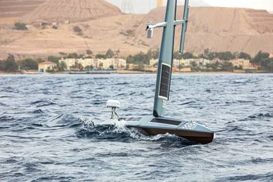 A Saildrone Explorer unmanned surface vessel (USV) sails in the Gulf of Aqaba off of Jordan's coast, Dec. 12, during exercise Digital Horizon. U.S. Naval Forces Central Command began operationally testing the USV as part of an initiative to integrate new unmanned systems and artificial intelligence into U.S. 5th Fleet operations. (U.S. Army photo by Cpl. Deandre Dawkins)