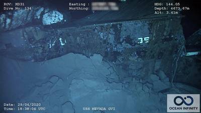 The stern of the wreck has the remains of “36” and “140.” Nevada’s designation was BB-36 and the 140 was painted on the structural “rib” at the ship’s stern for the atomic tests to facilitate post-blast damage reporting. (Photo: Ocean Infinity/SEARCH, Inc.)