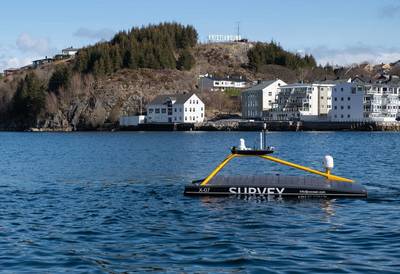XOCEAN’s Sonardyne-equipped XO-450 leaving Kristiansund to harvest data from Sonardyne’s Fetch pressure monitoring transponders at Ormen Lange. Photo courtesy of SafePath.
