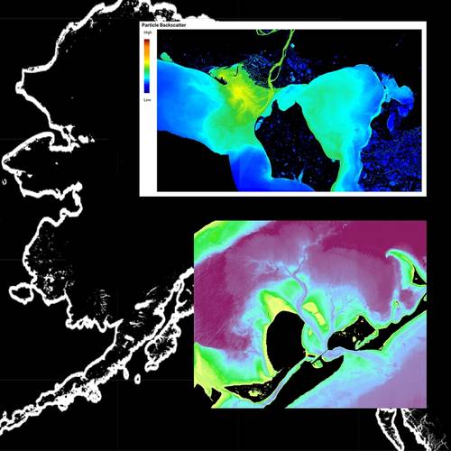 32,000 miles of Alaskan coastline pose a challenge and an opportunity for Satellite Derived Bathymetry. Technologies developed to survey water clarity in daily satellite imagery (upper right inset) can be used as a tool to determine precise collection of high-resolution imagery for Satellite Derived Bathymetry surveying (lower right inset). Image courtesy TCarta