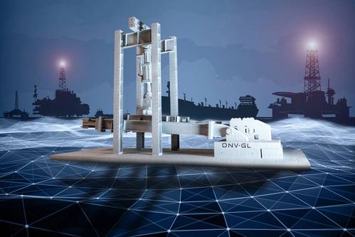 The ability to produce metal parts in a 3D printing process anywhere holds great promise for the maritime sector. The picture shows a 3D-printed aluminum replica of a mooring chain testing bed at the DNV GL lab in Bergen (Image: DNV GL)