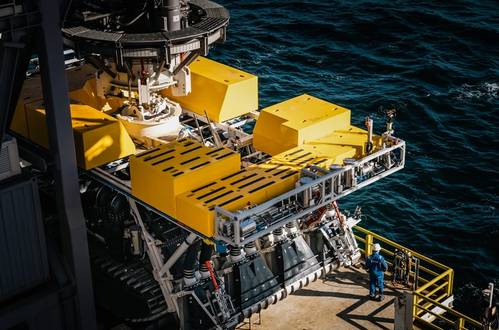 According to TMC, the Allseas-designed pilot collector vehicle awaits deployment from the Hidden Gem during the first integrated system trials in the Clarion Clipperton Zone of the Pacific Ocean since the 1970s. -©TMC