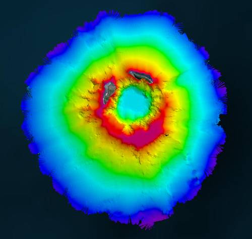Aerial view of HT-HH, showing new multibeam depth data overlaid on a satellite image (Image courtesy Teledyne Geospatial)