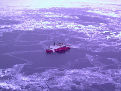 An aerial view of Coast Guard Cutter Healy in Arctic waters. Photo courtesy of NOAA.