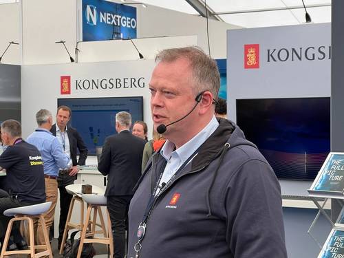 The announcment of the creation of Kongsberg Discovery was made by Stene Førsund, EVP Sales and Marketing, Global Sales and Marketing, Kongsberg Discovery, at the Ocean Business exhibition in Southampton, UK. Photo Greg Trauthwein