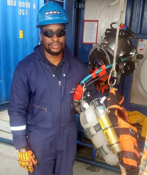 Applied Acoustics' 1000 Series Beacon fixed on diver's jacket by GOSL survey crew (Photo: Applied Acoustics)