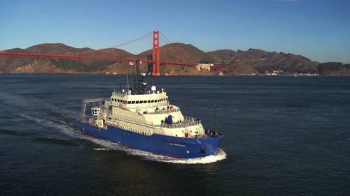 The R/V Neil Armstrong meets the range, endurance, and technical requirements to support advanced oceanographic research in tropical and temperate oceans around the world. (Image Bay Aerial, ©Woods Hole Oceanographic Institution)