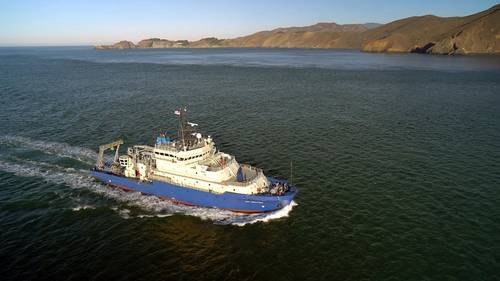 R/V Neil Armstrong sails into San Francisco Harbor at the conclusion of the first leg of its inaugural voyage in late 2015. (Image by Aerial Productions, ©Woods Hole Oceanographic Institution)