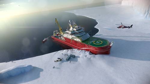 Artist's impression of the RRS Sir David Attenborough unloading supplies in Antarctica. Copyright Rolls Royce.