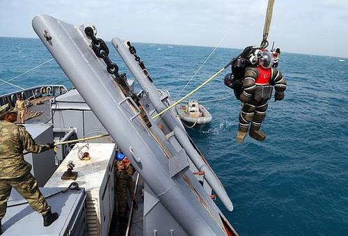 The Atmospheric Diving Suit being lowered into the sea. Photo: AA
