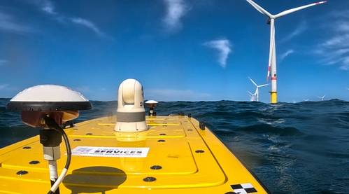 Autonomous surveyor USV (Unmanned Surface Vehicle) at the OWP “Deutsche Bucht”, ©Subsea Europe Services