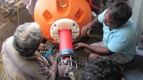 A Bottom Pressure Recorder (BPR) being prepared for deployment in the Indian Ocean.
Image courtesty Sonardyne