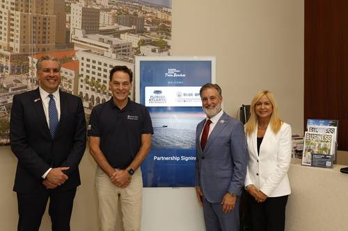 From left, Ryan Britton, FAU vice president for government relations and economic development; Barry Hinckley; president, Blue Ops; FAU President Adam Hasner; and Kelly Smallridge, president and CEO, Business Development Board of Palm Beach County. (Photo by Alex Dolce)