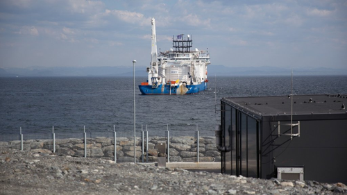 The cable-laying vessel NKT Victoria at the Johan Sverdrup converter station at Haugsneset near Kårstø.(Photo: Øyvind Gravås - Woldcam / Statoil)